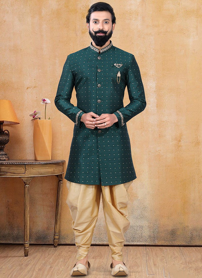 Green And Golden Colour Heavy Designer Fancy Festive Wear Indo Western Collection 1305